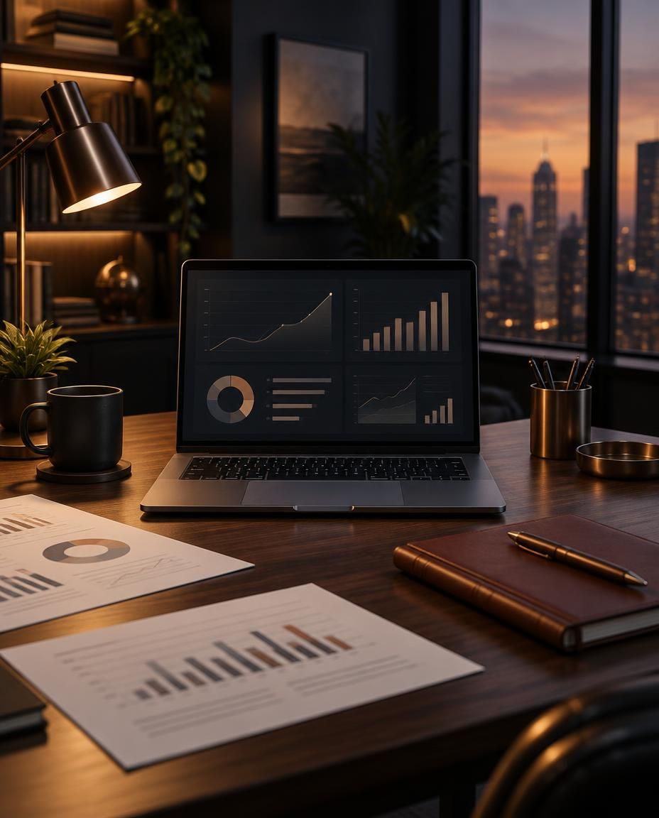 A laptop showing business performance charts on a walnut desk beside organized financial documents in a modern office at dusk